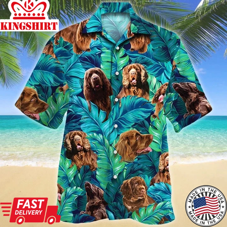 Happy Sussex Spaniel Dog Lovers Summer Beach Palm Tree Trendy Hawaiian Shirt, Short Sleeve Hawaiian Aloha Shirt For Men And Women