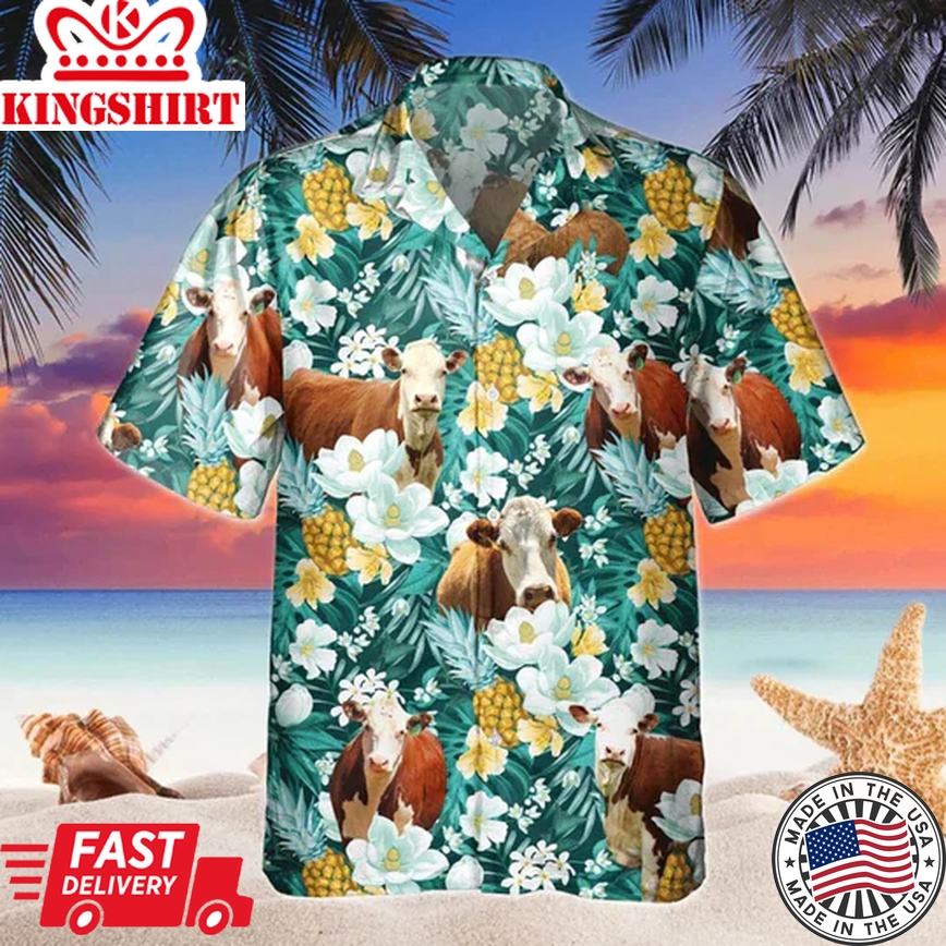 Hereford Floral Trendy Hawaiian Shirt, Beach Shirt For Farm Animal Lovers