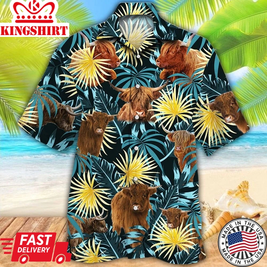 Highland Cattle Lovers Blue And Yellow Plants Trendy Hawaiian Shirt