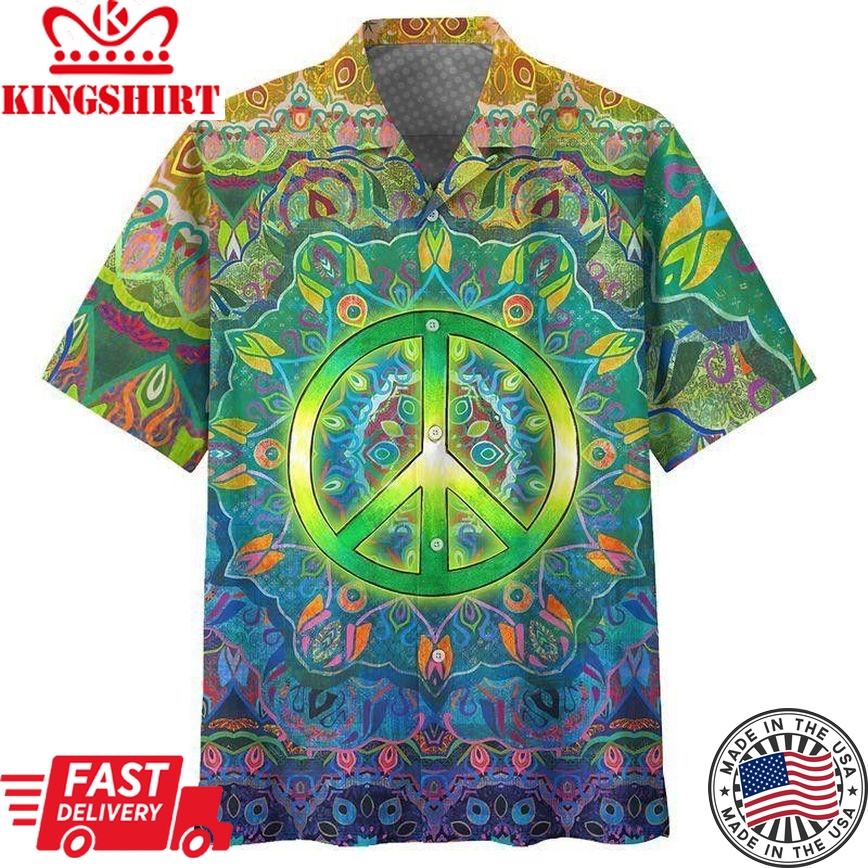 Hippie Shirt Hippie Peace Symbol Leaves Green Blue Hawaiian Aloha Shirt