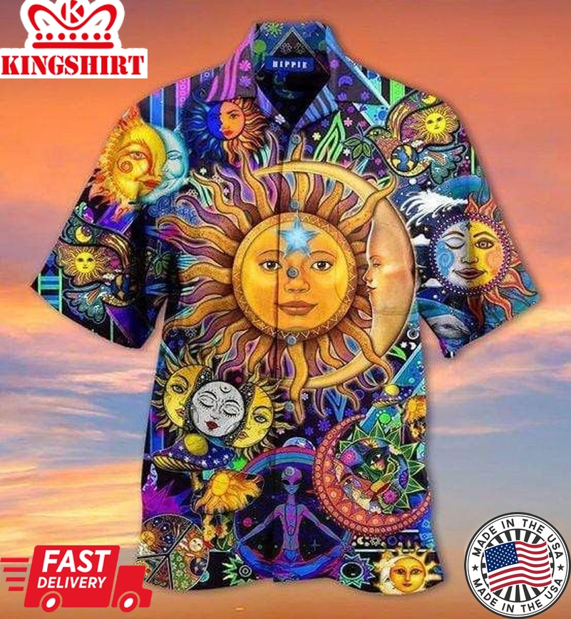 Hippie Shirt The Sun The Moon Alien Blue Hawaiian Aloha Shirt