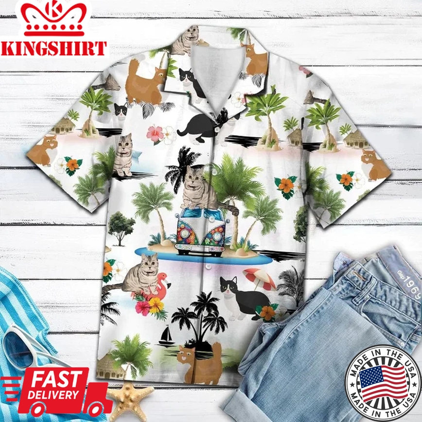 Hippie Van Munchkin Cat Enjoy Vacation Trendy Hawaiian Shirt