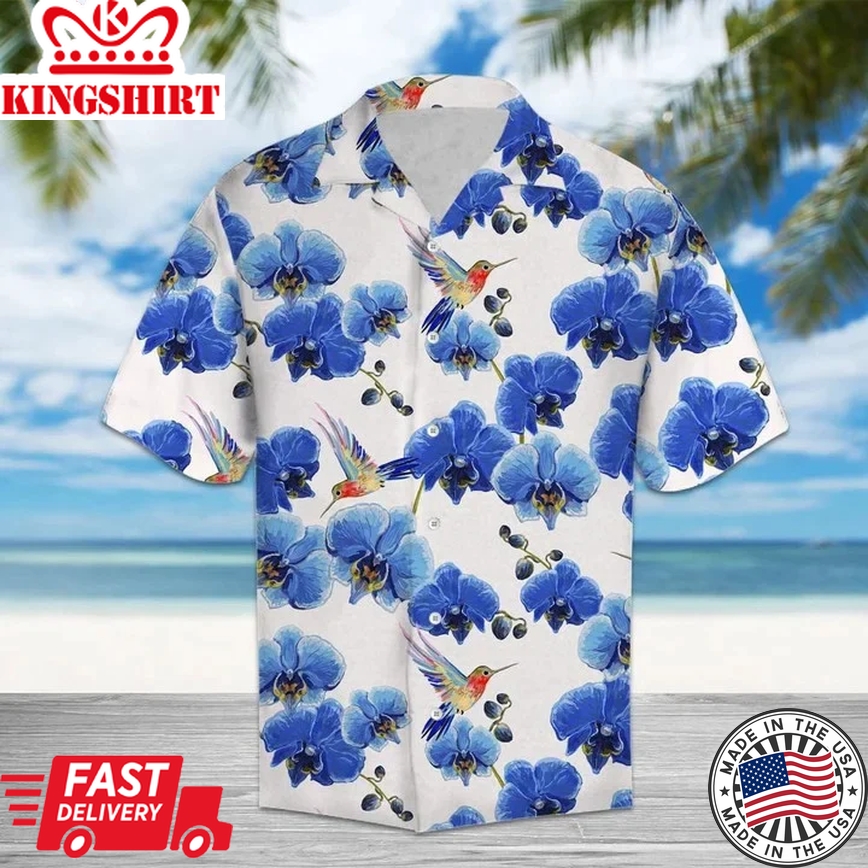 Hummingbird Sucking Blue Orchid In White Trendy Hawaiian Shirt