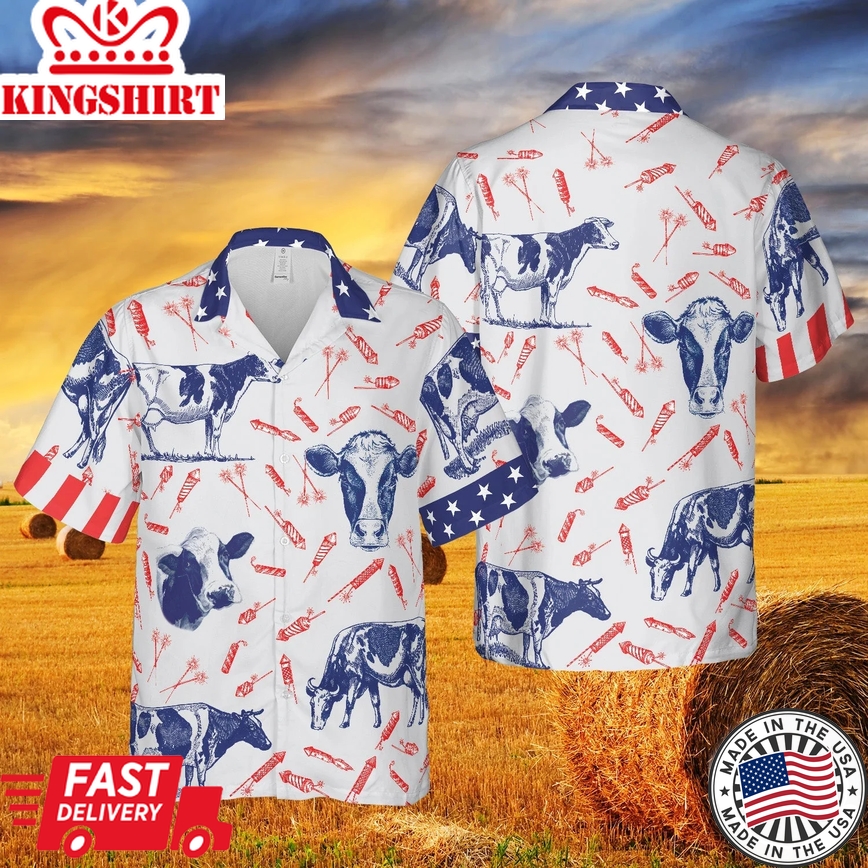 Independence Day Fire Cracker Holstein Friesian Cattle Pattern All Printed 3D Trendy Hawaiian Shirt