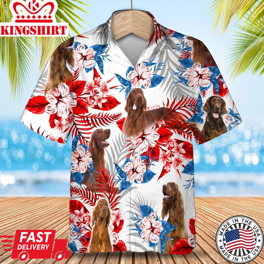 Irish Setter American Flag Trendy Hawaiian Shirt, Summer Aloha Shirt, Men Trendy Hawaiian Shirt, Gift For Summer