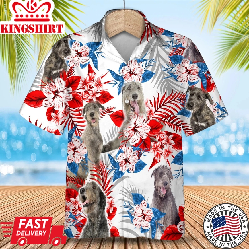 Irish Wolfhound American Flag Trendy Hawaiian Shirt, Summer Aloha Shirt, Men Trendy Hawaiian Shirt, Gift For Summer