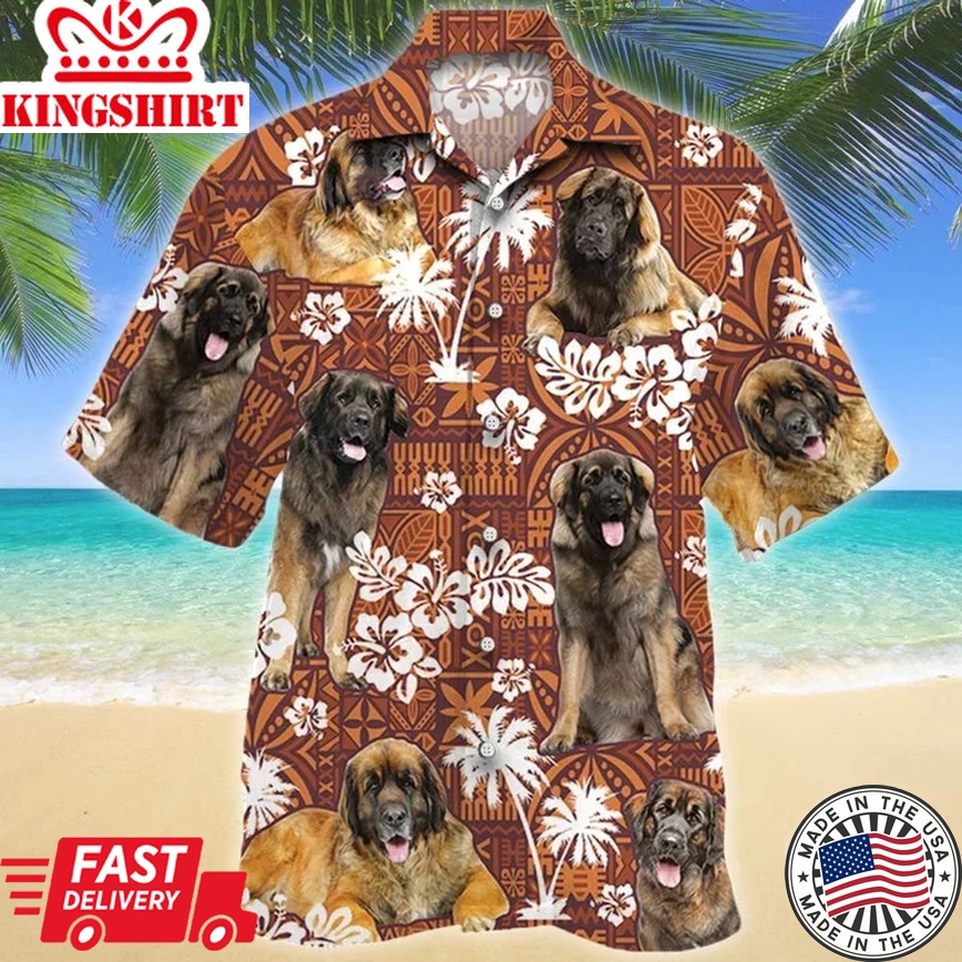 Leonberger Dog Red Tribal Pattern Trendy Hawaiian Shirt, Funny Dog, Dog Lover Trendy Hawaiian Shirt For Men