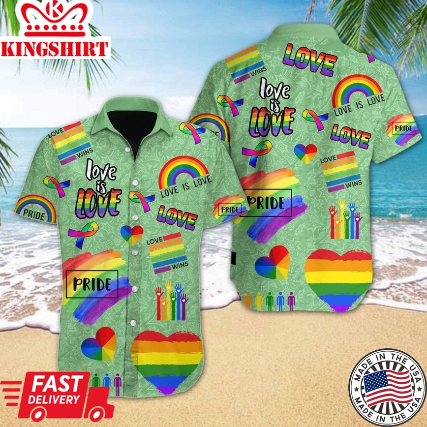 Lgbt Hawaii Shirt Pride Love Is Love Rainbow Heart Green Hawaiian Aloha Shirt