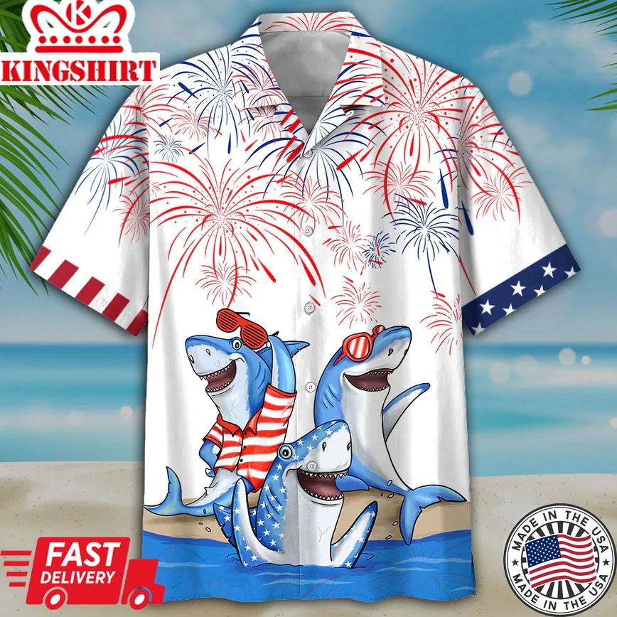 Men's 4Th Of July Shark Trendy Hawaiian Shirt - Independence Day Trendy Hawaiian Shirt, Usa Patriotic Trendy Hawaiian Shirt