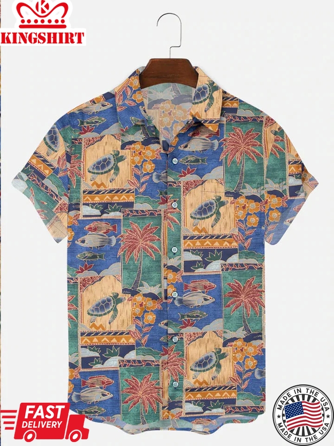 Men's Wrinkle Free Vintage Casual Tribal Shirts Turtle Pattern Seersucker