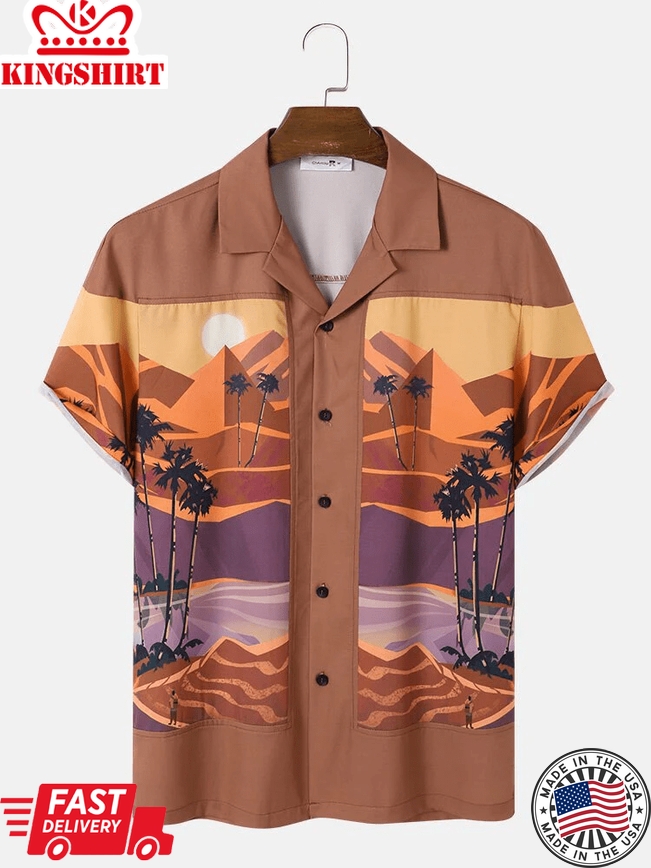 Mens Desert Landscape Print Revere Collar Holiday Short Sleeve Shirts