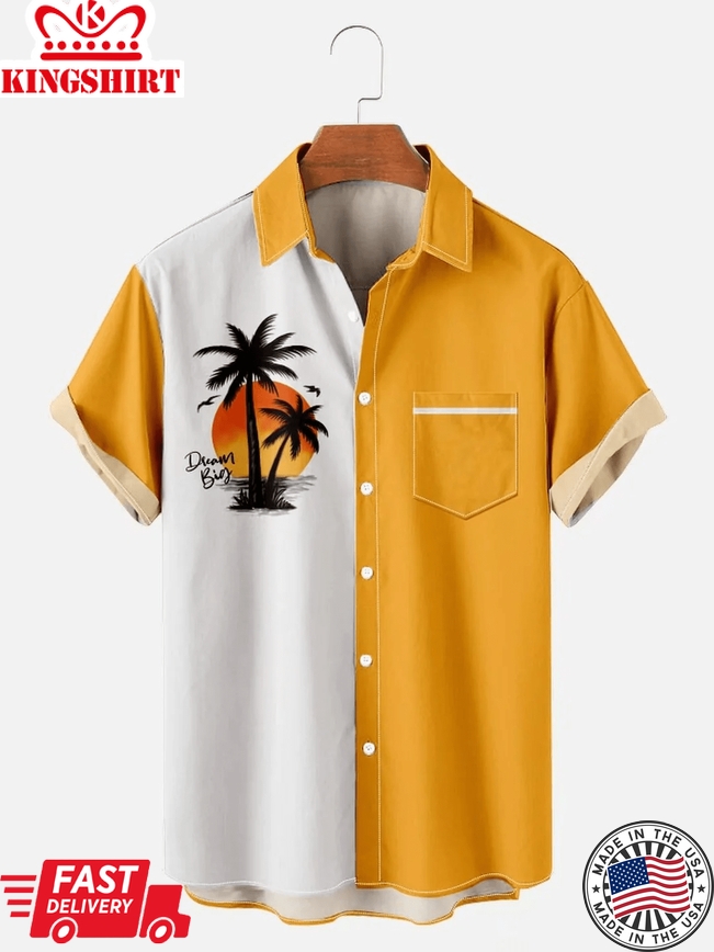 Mens Geometric Coconut Tree Print Casual Breathable Hawaiian Short Sleeved Shirt