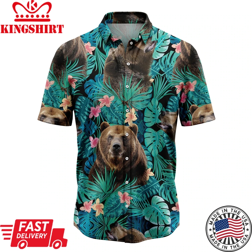 Mens Trendy Hawaiian Shirt, Bear Tropical Casual Short Sleeve Button Down Shirts Aloha Shirt