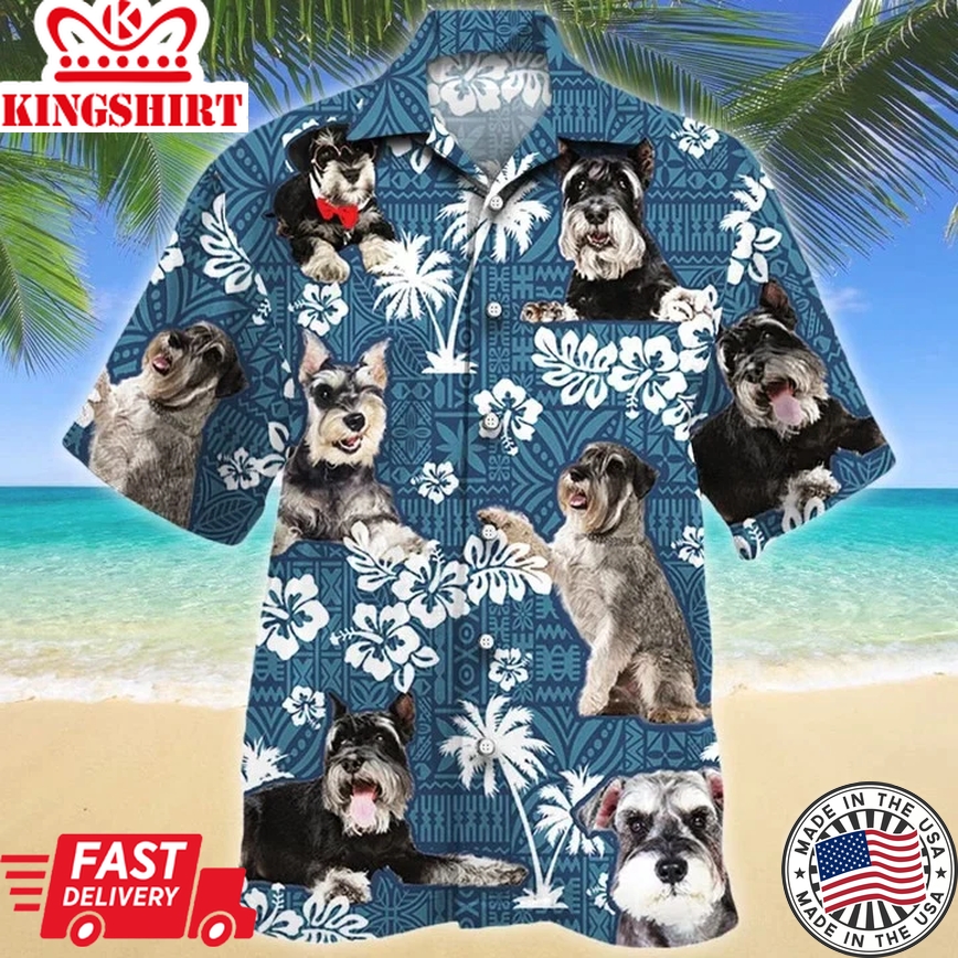 Miniature Schnauzer Different Poses Dog Lovers Blue Tribal Pattern Trendy Hawaiian Shirt