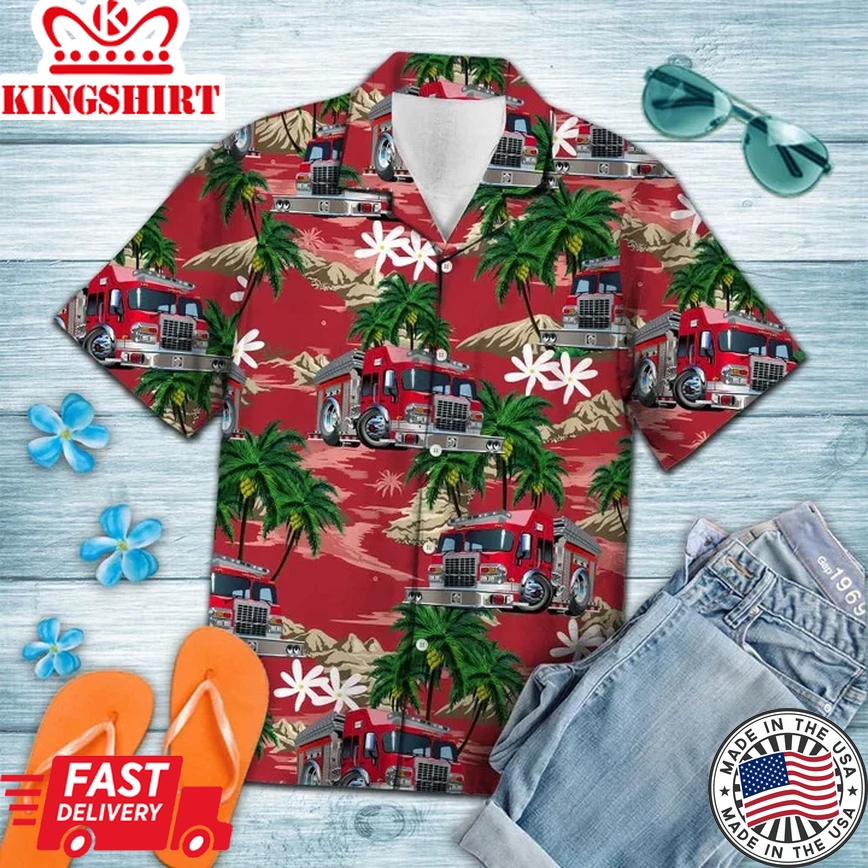 Multicolor Firefighter Car Palm Island Pattern Trendy Hawaiian Shirt