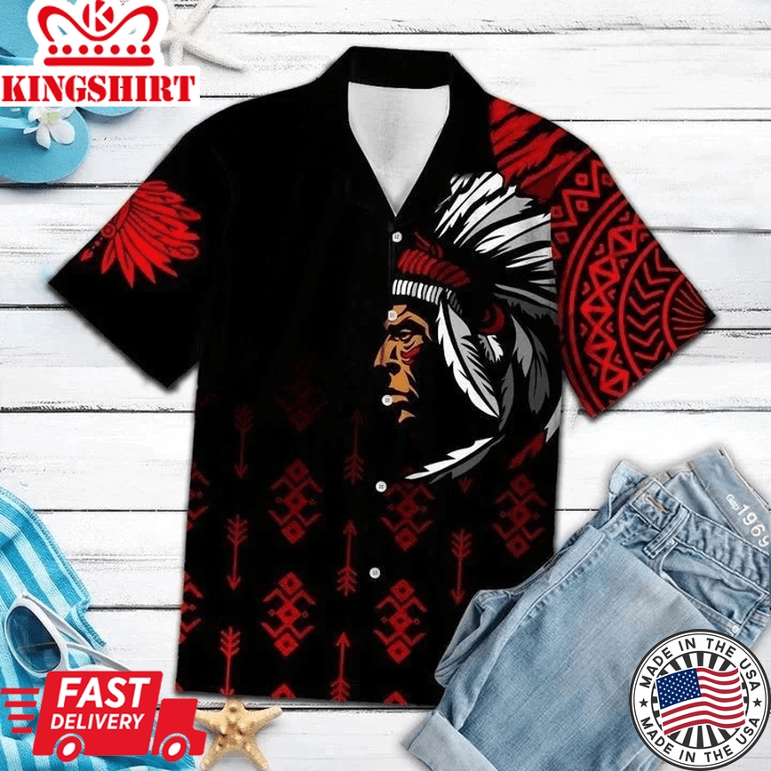 Native American With Hat Of Feathers Black And White Theme Trendy Hawaiian Shirt