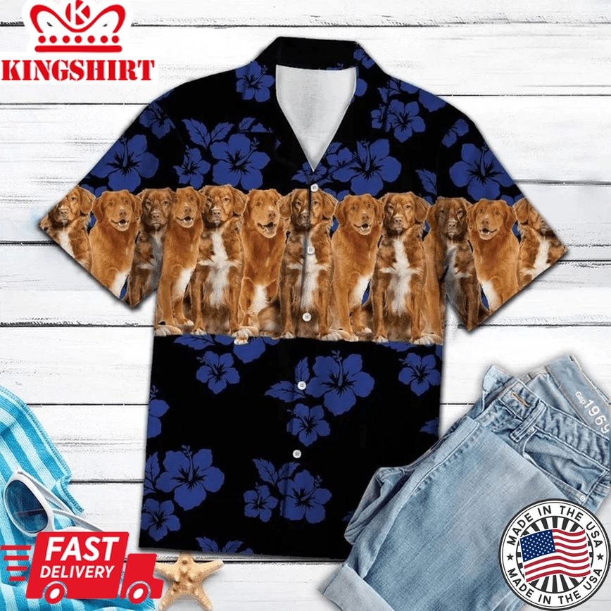 Nova Scotia Duck Tolling Retriever On Navy Hibiscus Trendy Hawaiian Shirt, Short Sleeve Hawaiian Aloha Shirt For Men And Women