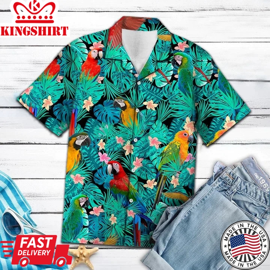 Parrot Hawaii Shirt For Men, Vivid Parrot Tropical Palm Leaves Summer Vacation Gift Ideal Trendy Hawaiian Shirt