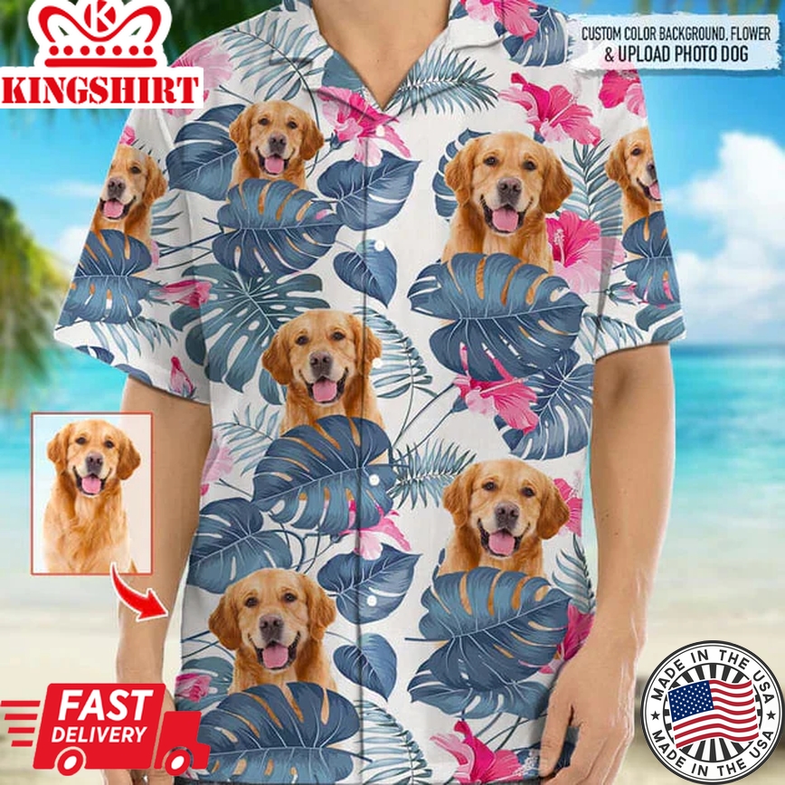 Personalized Photo Upload Dog Men's Trendy Hawaiian Shirt, Dog Flowers Pattern Short-Sleeve Trendy Hawaiian Shirt For Men, Women