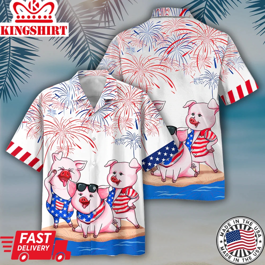 Pig 4Th Of July Trendy Hawaiian Shirt, Men's Usa Patriotic Trendy Hawaiian Shirt, Patriotic Aloha Shirts