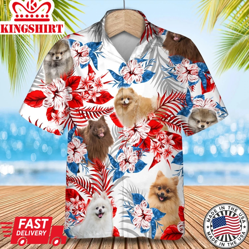 Pomeranian Flower American Flag Trendy Hawaiian Shirt, Summer Aloha Shirt, Men Trendy Hawaiian Shirt, Gift For Summer