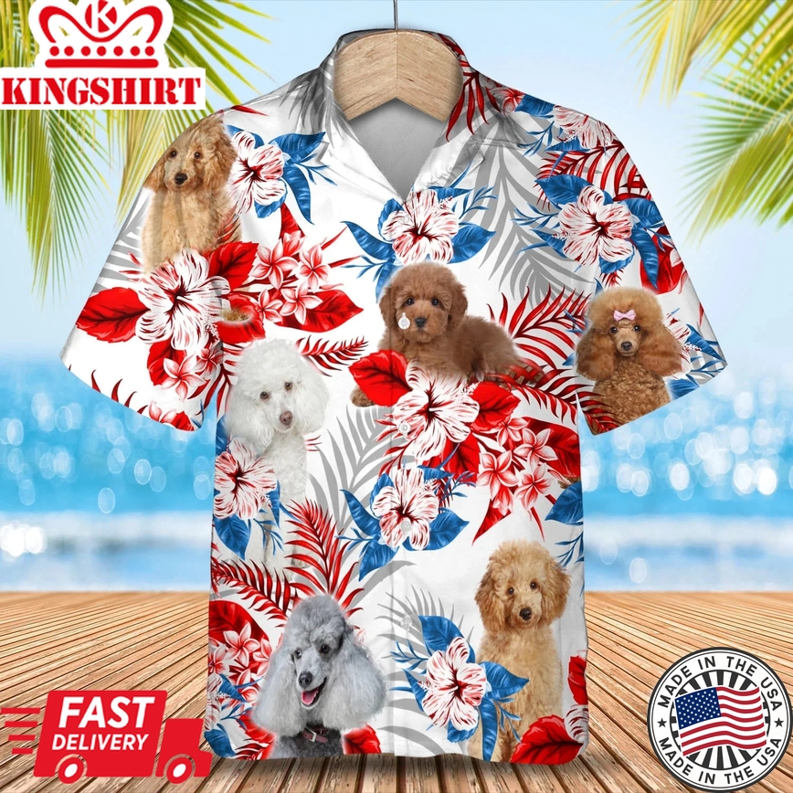 Poodle Flower American Flag Trendy Hawaiian Shirt, Summer Aloha Shirt, Men Trendy Hawaiian Shirt, Gift For Summer