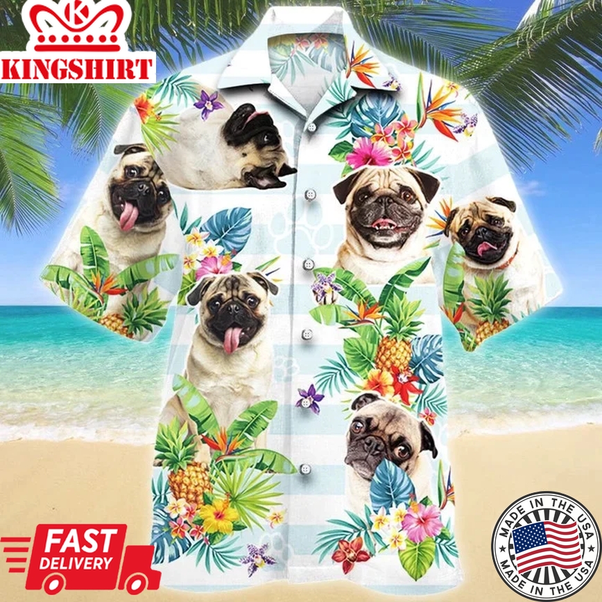 Pug Dog Paw Tropical Flower Blue And White Stripe Trendy Hawaiian Shirt, Short Sleeve Hawaiian Aloha Shirt For Men And Women