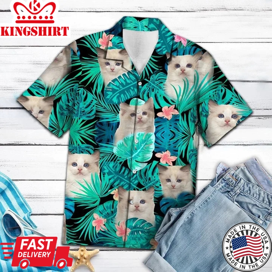 Ragdoll Kittens Green Leaves And Flowers Trendy Hawaiian Shirt