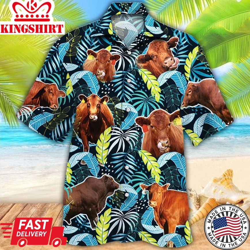 Red Angus Cattle Lovers Jungle Leaves Trendy Hawaiian Shirt