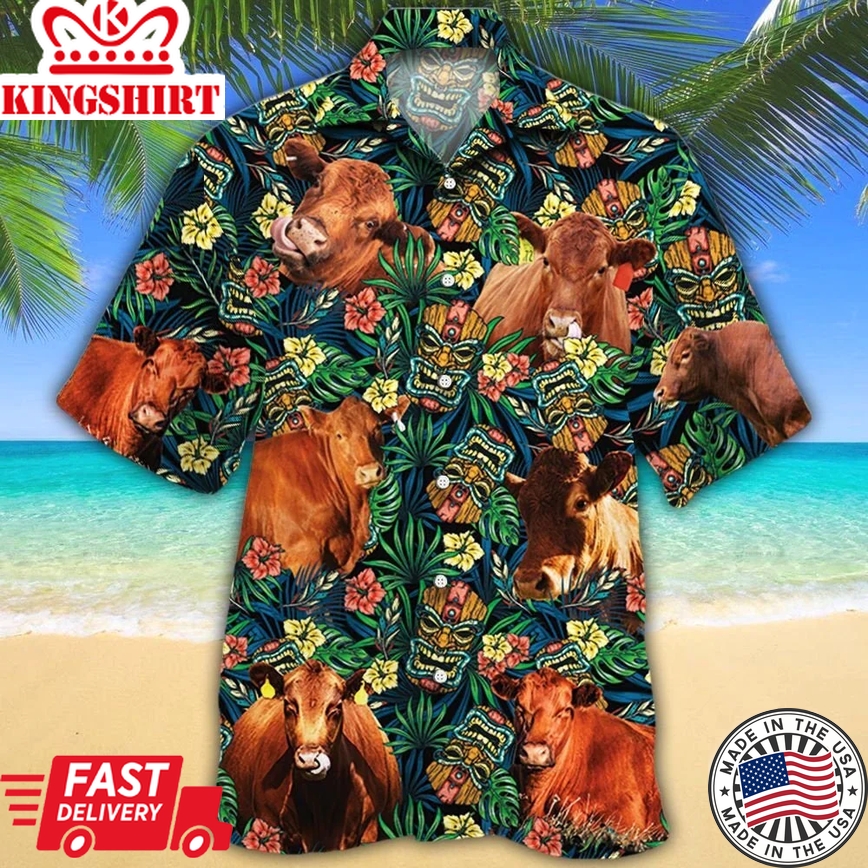 Red Angus Cattle Lovers Tribal Tiki Mask Trendy Hawaiian Shirt