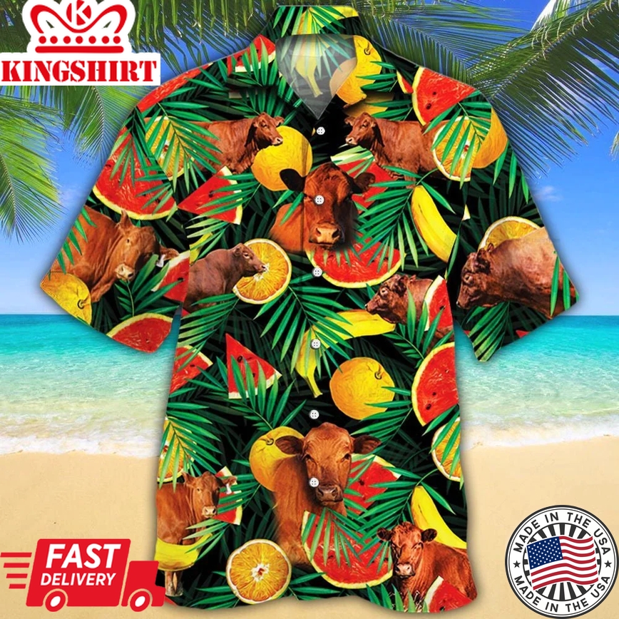 Red Angus Cattle Lovers Tropical Fruits Trendy Hawaiian Shirt