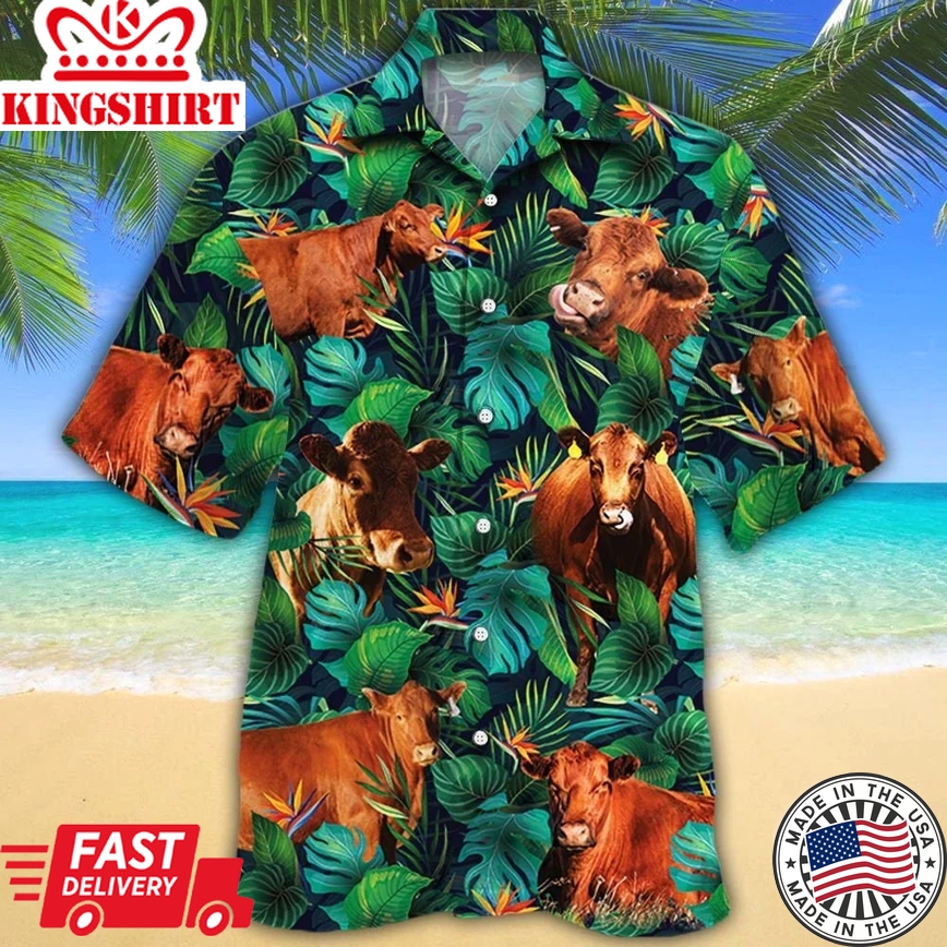 Red Angus Cattle Lovers Tropical Leaves Trendy Hawaiian Shirt