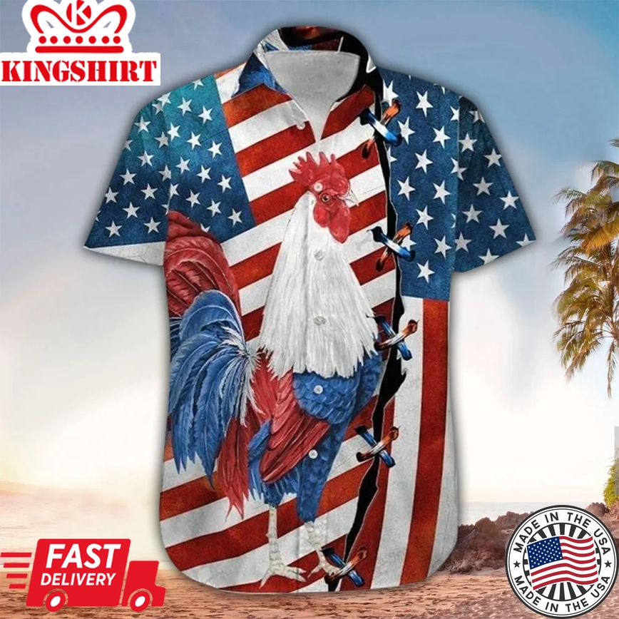 Rooster American Flag Trendy Hawaiian Shirt For Men Women - 4Th Of July Button Down Aloha Shirt