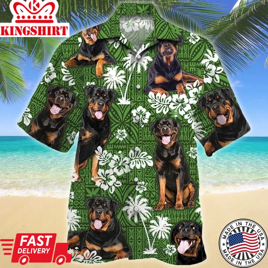 Rottweiler Dog Tongue Out On Green Tribal Pattern Trendy Hawaiian Shirt