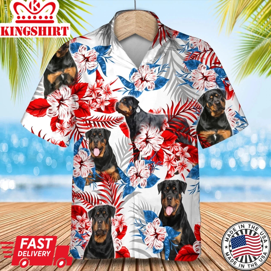 Rottweiler Flower American Trendy Hawaiian Shirt, Summer Aloha Shirt, Men Trendy Hawaiian Shirt, Women Trendy Hawaiian Shirt