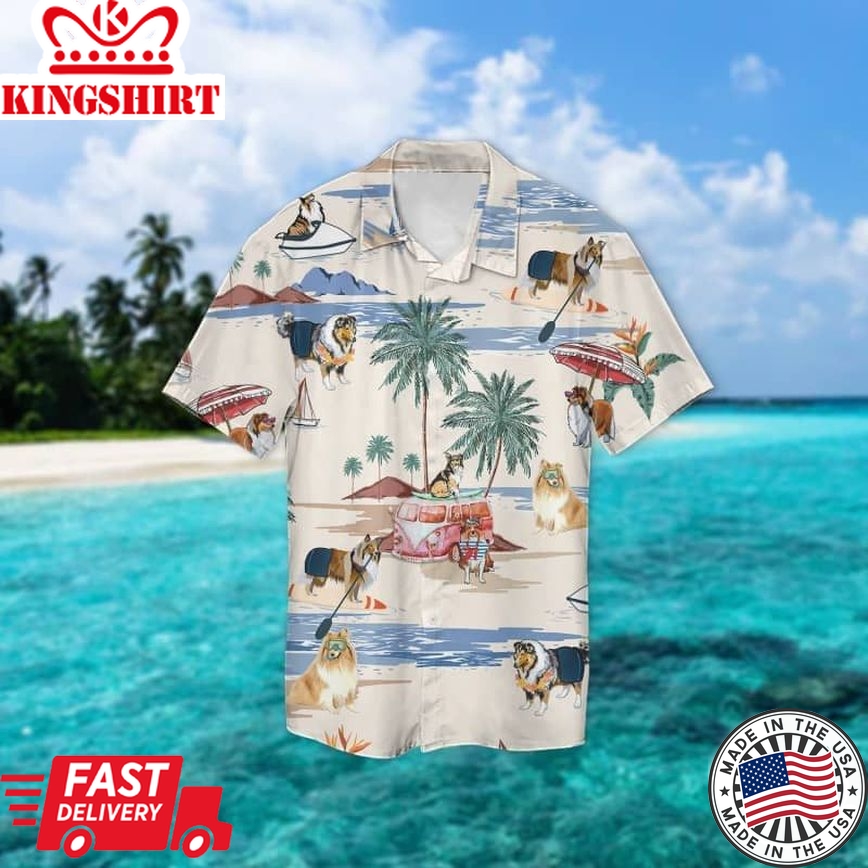 Rough Collie Summer Beach Trendy Hawaiian Shirt, Dog Beach Short Sleeve Trendy Hawaiian Shirt