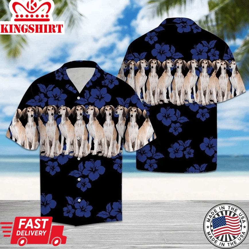 Saluki Dogs With Blue Hibiscus In Black Trendy Hawaiian Shirt