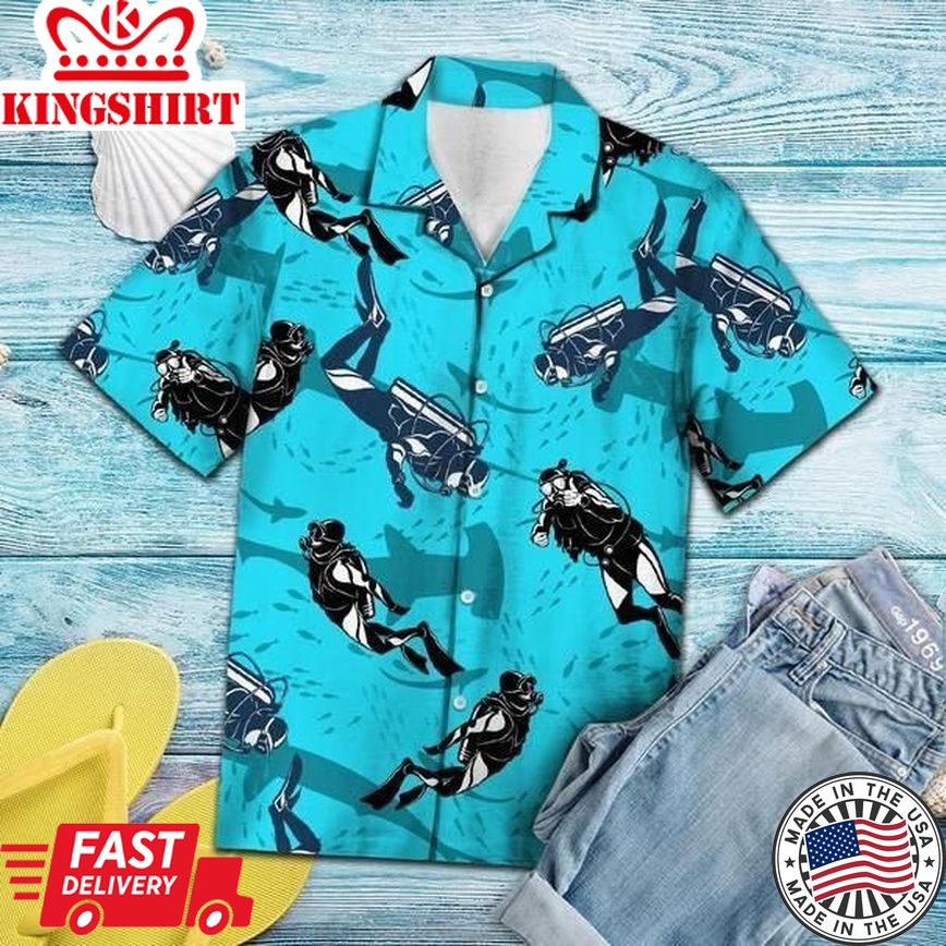 Scuba Driving With Shark Tropical Trendy Hawaiian Shirt