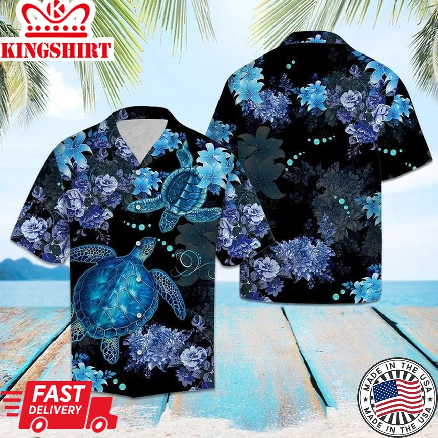 Sea Turtle Blue And Black Trendy Hawaiian Shirt