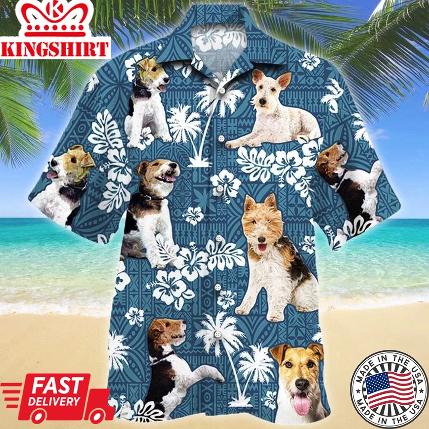 Smart Wire Fox Terrier Dog Blue Tribal Pattern Tropical Forest Trendy Hawaiian Shirt