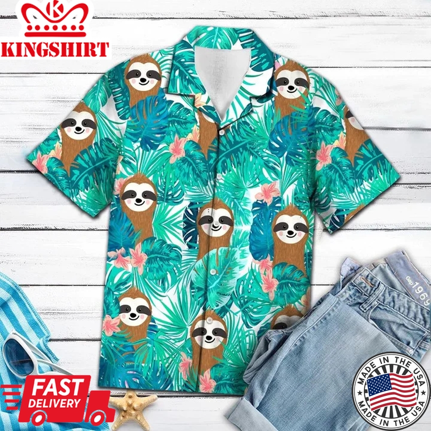 Smiling Sloth With Tropical Palm Leaves Summer Trendy Hawaiian Shirt, Short Sleeve Hawaiian Aloha Shirt