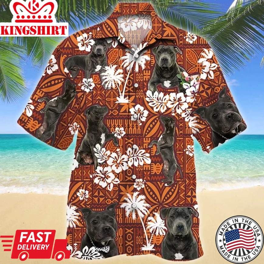 Staffordshire Bull Terrier Dog Red And Orange Tribal Pattern Trendy Hawaiian Shirt