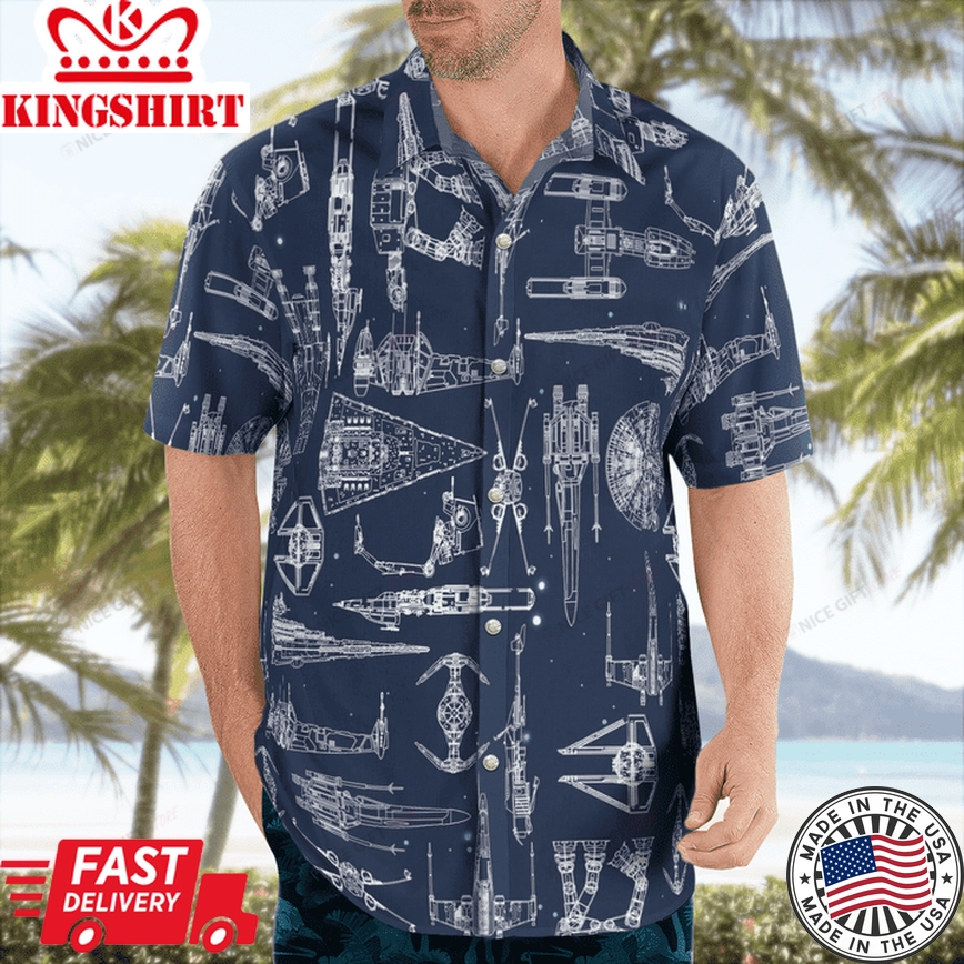 Star Wars Space Ships Motif on Hawaiian Shirt