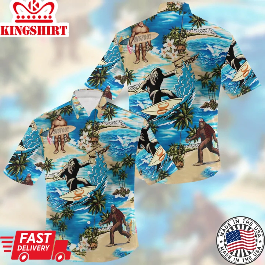 Summer 3D Bigfoot Hawaii Shirt, Trendy Hawaiian Shirts For Men Short Sleeve Aloha Beach Shirt