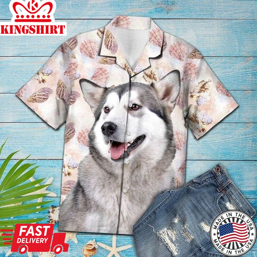 Summer Beach Seashells And Cute Alaskan Malamute Portrait Trendy Hawaiian Shirt, Short Sleeve Hawaiian Aloha Shirt