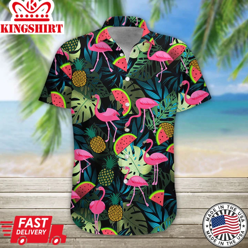 Summer Flamingo Trendy Hawaiian Shirt Casual Button Down Shirts Short Sleeve, Trendy Hawaiian Shirt For Men, Women