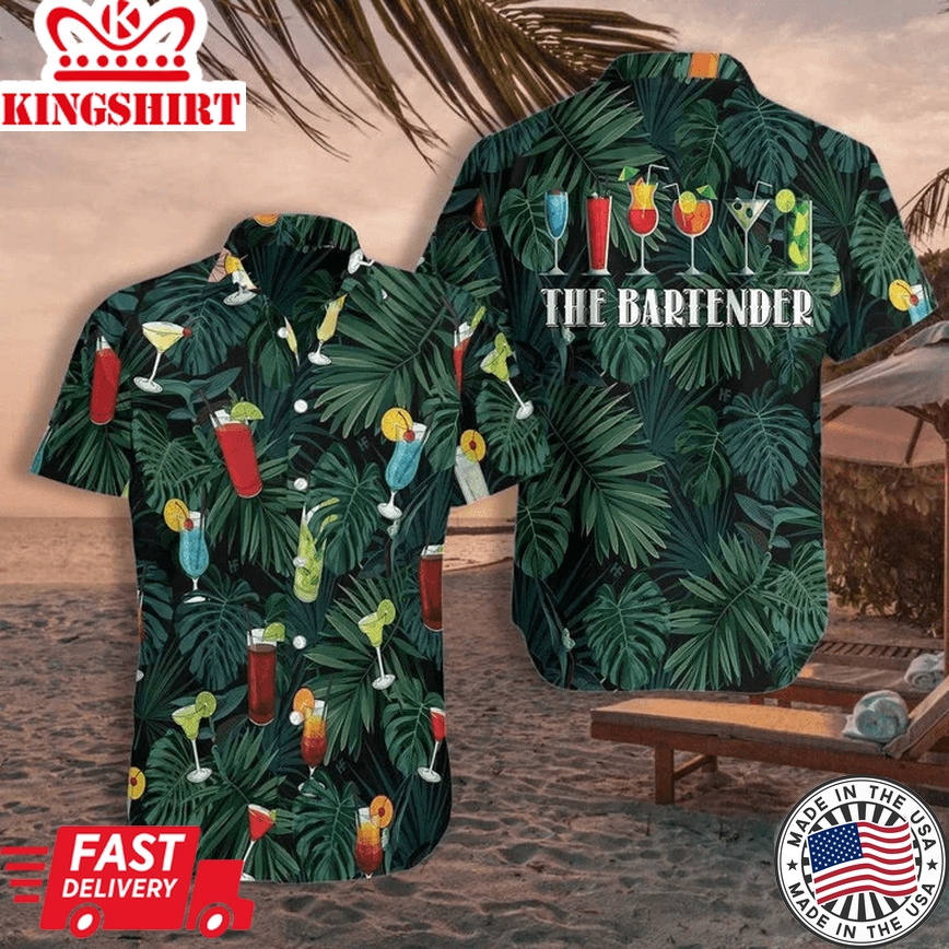 The Tropical Bartender Cocktails On Leaf Pattern Trendy Hawaiian Shirt