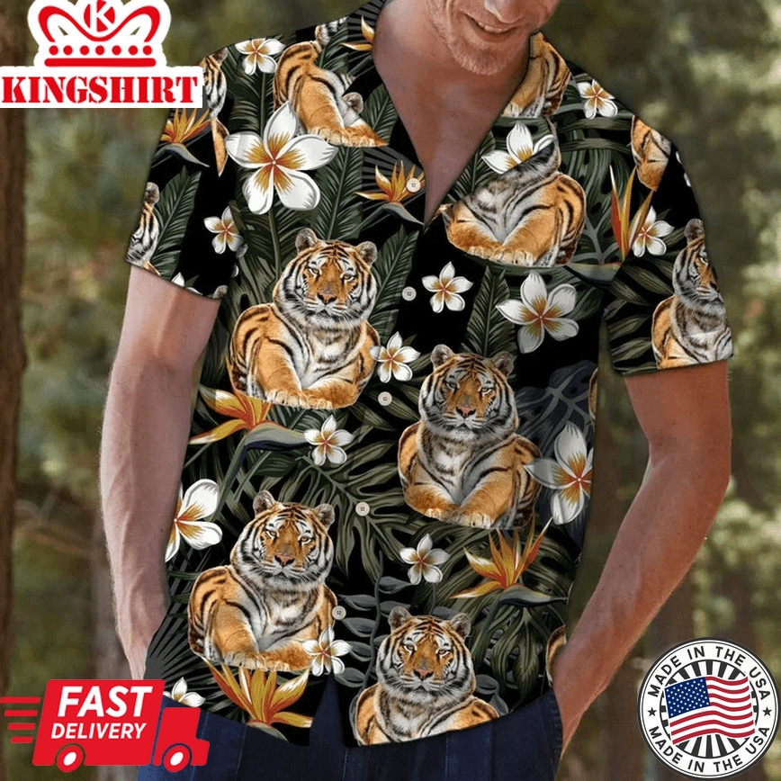 Tiger With Plumeria In Forest Trendy Hawaiian Shirt