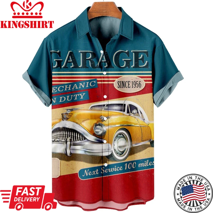 Trendy Hawaiian Shirt Vintage, Hawaii Shirts Mens, Men's Retro Contrast Color Stitching Garage Car Casual Shirt