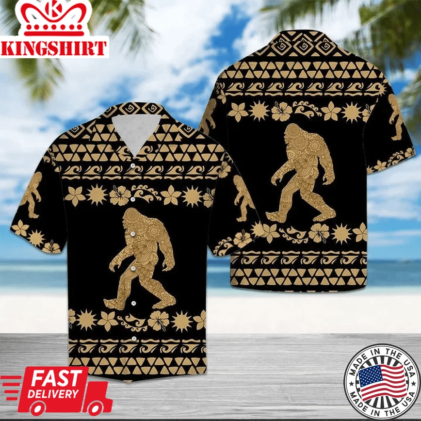 Tribal Golden Bigfoot Walking Into Forest Design Trendy Hawaiian Shirt